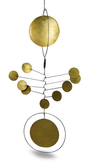 
	
		American, a hanging brass mobile  
		Signed 'Kelly' and dated '1980' in pen  
		With...
