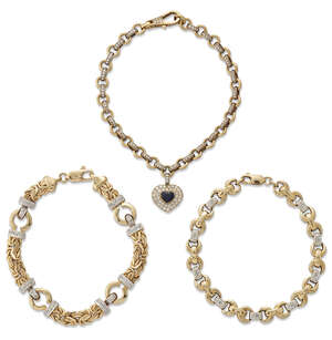 
	
		Three diamond bracelets, each of fancy link design set with single- and brilliant-cut...