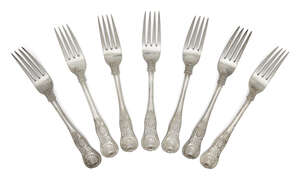 
	
		A set of twenty two Irish silver table forks, Dublin, c.1827, Thomas Farnett, of King's...