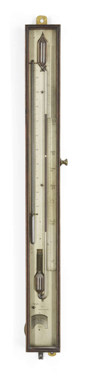 
	
		A George III mahogany sympiesometer, by Adie, Edinburgh, c.1810, the glazed case with...