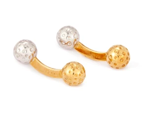 A pair of two colour dumbbell cufflinks,&nbsp;each with one white and one yellow ball form terminal,...