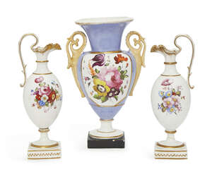 
	
		A pair of English porcelain urns, 19th century, with flaring gilded spouts and scrolling...
