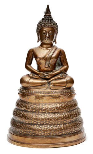 
	
		A South East Asian copper alloy figure of Buddha Muchalinda, 18th/19th century, seated in...