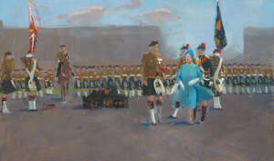 John Sergeant, 
		British 1937-2010- 
		 
		The Queen Mother inspecting troops at a military parade; 
		 
		oil on paper laid down on board, 56.3x78.4cm
