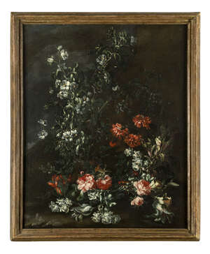 
	
		Simon Hardime, 
		Flemish 1664-1737- 
		 
		Still life of flowers with roses, tulips...