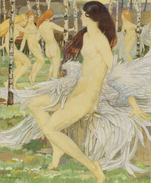 
	
		Averil Mary Burleigh, 
		British 1883-1949- 
		 
		Nymphs in a birch wood; 
		 
		