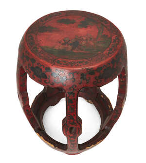 
	
		A Chinese tianqi lacquered barrel-form garden seat, late Qing dynasty, the top decorated...