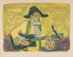 
	
		Roger Bezombes,
		French 1913-1994-
		 
		Guitar Player;
		 
		lithograph in colours...