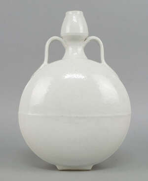 
	
		A Chinese porcelain white moon flask, 20th century, with looping handles, 31cm high

	

