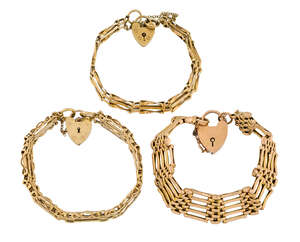 Three gate link bracelets, of varying design, one with deficiencies, two with 9ct gold padlock clasps, London hallmarks, 1961 and 1972, total gross weight 46.0