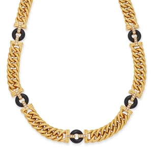 An Italian onyx necklace, composed of six curb-link sections with grooved bar terminals,...