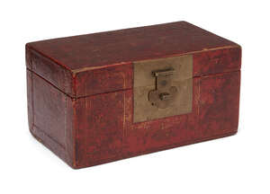 
	
		A Chinese red lacquer rectangular box, early 20th century, painted to the cover with a...