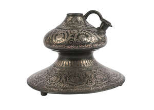 
	
		A bidriware huqqa base, India, 19th century, of double-gourd form, the bottom section...