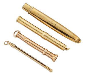 A small group of gold items, comprising: an 18ct gold slide action pencil, damaged, hallmarks indistinct, gross weight 12.0g; a 9ct gold swizzle stick, London 
