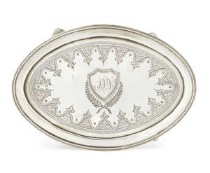 A George III silver teapot stand, London c.1795, Alexander Field, of oval form with engraved floret border enclosed an initialled shield cartouche, raised on f