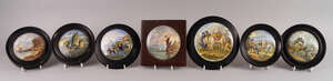 A Pratt ware potlid for the Chin Chew river, 10.5cm diameter, in a wooden frame, together with six other lids, two entitled Transplanting Rice and the Ning Po 
