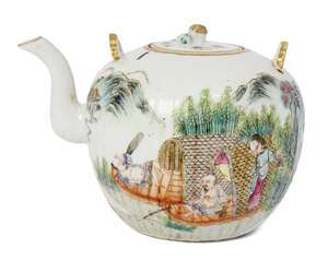
	
		A Chinese porcelain teapot, Republic Period, painted in famille rose enamels with figures...