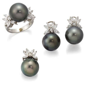 A suite of cultured pearl and diamond jewellery, comprising: a ring; pendant ; and pair of ear...