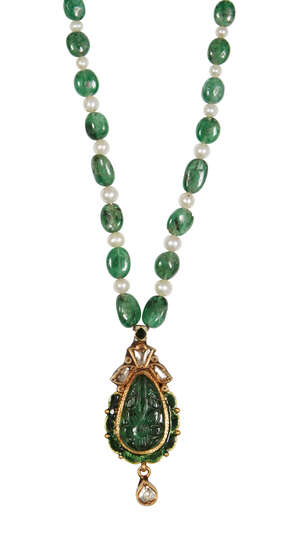 
	
		An emerald and pearl necklace with carved emerald pendant, India, 20th century, the...