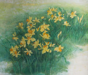 
	
		CAI XIAOLI (B.1956), large brush and ink on rice paper, study of daffodils, signed to...