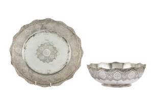 
	
		A engraved bowl and matching plate, Iran, 20th century, the bowl and rim of plate...