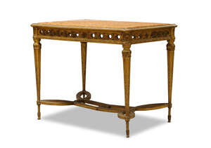 
	
		A Louis XVI style giltwood and marble top centre table, first half 20th century, the...