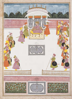 
	
		Shah Sultan Husayn at Court, Mughal India, Circa 1710, opaque pigments heightened with...