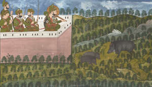 
	
		Maharaja Jawan Singh and Sardar Singh hunting wild boar with attendants, Mewar,...