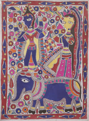 
	
		A signed Madhupani painting of Krishna and Radha on an elephant, Mithila, Bihar, India,...