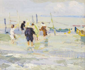 
	
		Dorothea Sharp RBA ROI,
		British 1874-1955-
		 
		Children playing in the sea;
		 
		