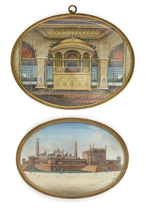 
	
		Two Company School architectural views on ivory of the Taj Mahal, North India, circa 1850
