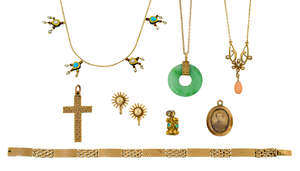 A group of jewellery, comprising: a jadeite jade disc pendant to a belcher link neckchain; a bracelet composed of alternate engine-turned rectangular panels an