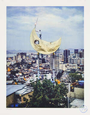 
	
		JR, 
		French b.1983-
		 
		JR on the moon, Favela Morro da Providência, Rio de...