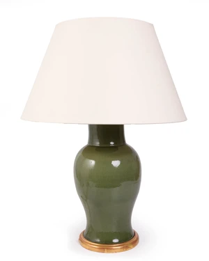 A modern Chinese celadon glazed porcelain vase table lamp, of baluster form, with dark olive...