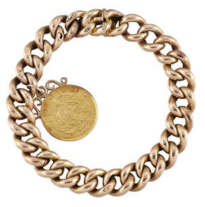 
	
		A bracelet with gold coin charm, the curb-link bracelet suspending a single South African...
