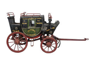 
	
		A Victorian painted wood and wrought iron model of a Georgian stage coach, inscribed to...