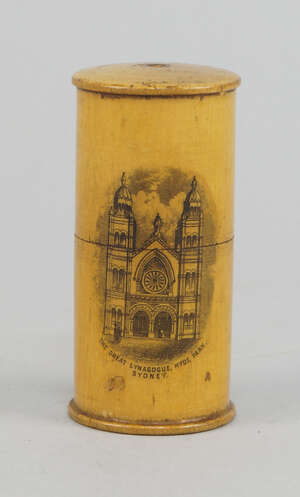 
	
		Australian Jewish interest; A Mauchline ware needle case, late 19th century, printed with...