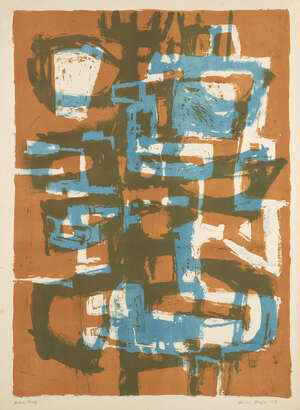 
	
		Henry Cliffe, 
		British 1919-1983- 
		 
		Untitled, 1958; 
		 
		lithograph in colours...