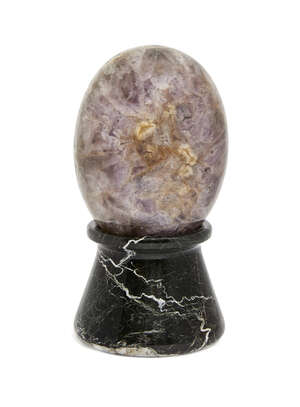 
	
		A Fluorspar specimen egg, 14cm high, on a black and veined marble stand (2) 

	

