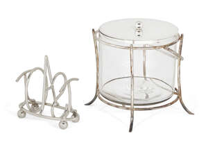 
	
		Attributed to James Dixon & Sons, an electroplated and glass biscuit barrel in the manner...