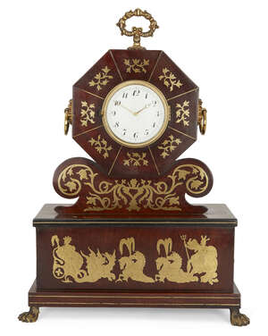 
	
		A Regency mahogany and brass inlaid mantel clock, early 19th century, within an octagonal...