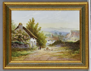 
	
		An English porcelain plaque decorated with a country view, 19th century, the pastoral...