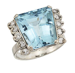 
	
		An aquamarine and diamond ring, designed as a central keystone-shaped aquamarine in...