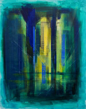 
	
		Richard Walker, Scottish b.1954- Boomtown; mixed technique on canvas, signed, titled and...