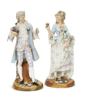 
	
		A pair of Continental porcelain figures of a lady and gentleman, early/mid 20th century,...