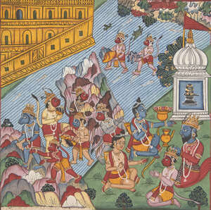 
	
		Hanuman and worshippers with shrine, Kulu school, 19th century, opaque pigments on paper,...