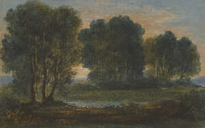 Circle of Benjamin West PRA, 
		American/British 1738-1820- 
		 
		Arcadian landscape at sunset; 
		 
		watercolour, 13.5x21.5cm 
		 
		Provenance: t