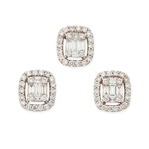 Three diamond set cluster panels,&nbsp;each designed as an illusion cluster of baguette-cut and...