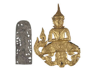 
	
		A Chinese lead plaque depicting Guanyin, 17th/18th century, 15cm x 5cm and a Burmese gold...