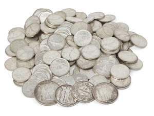 
	
		A large collection of silver 5 Franc coins (1960-1969) together with three 10 Franc coins...